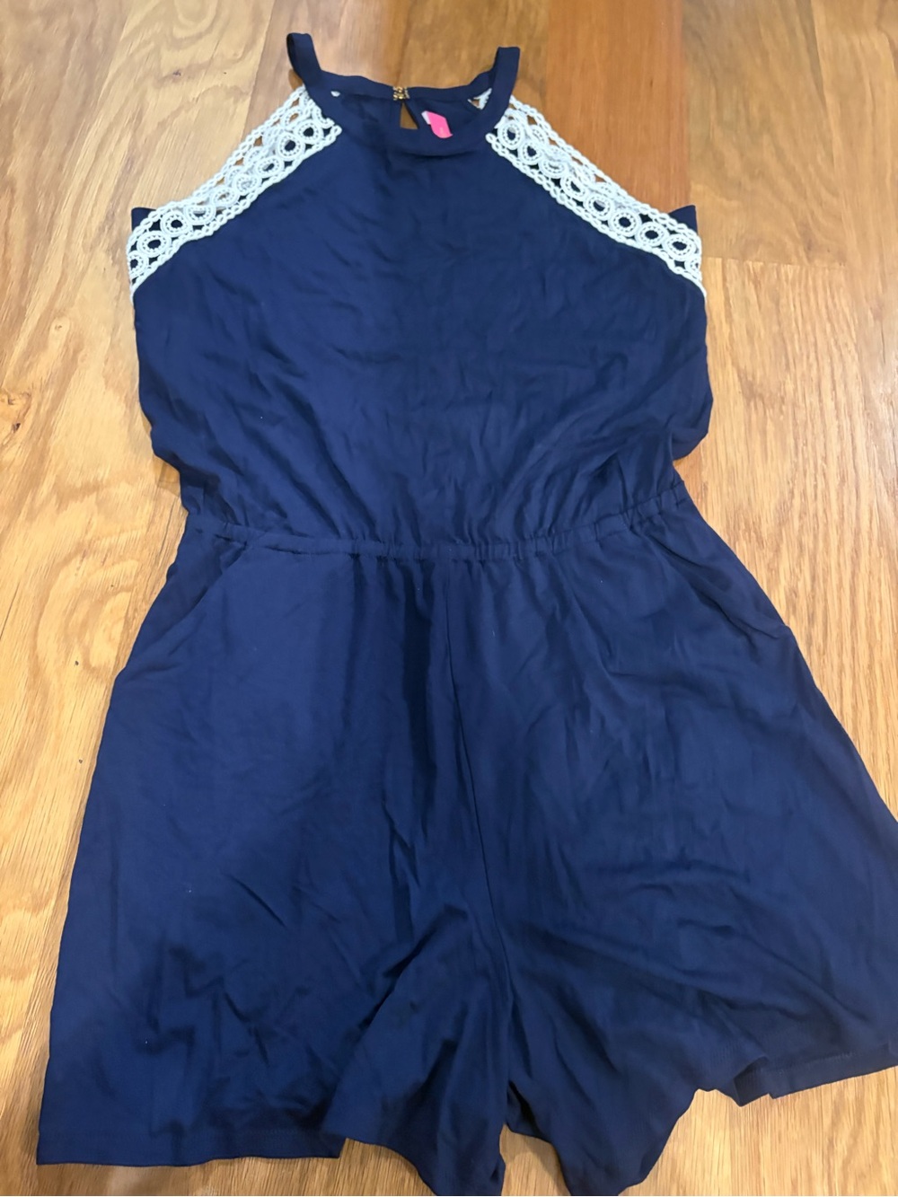 Lilly Pulitzer Navy Halter Romper with White Crochet Trim